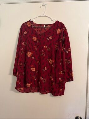 EST 1946 Women's Floral V-Neck Flowing Top - Burgundy Size XL